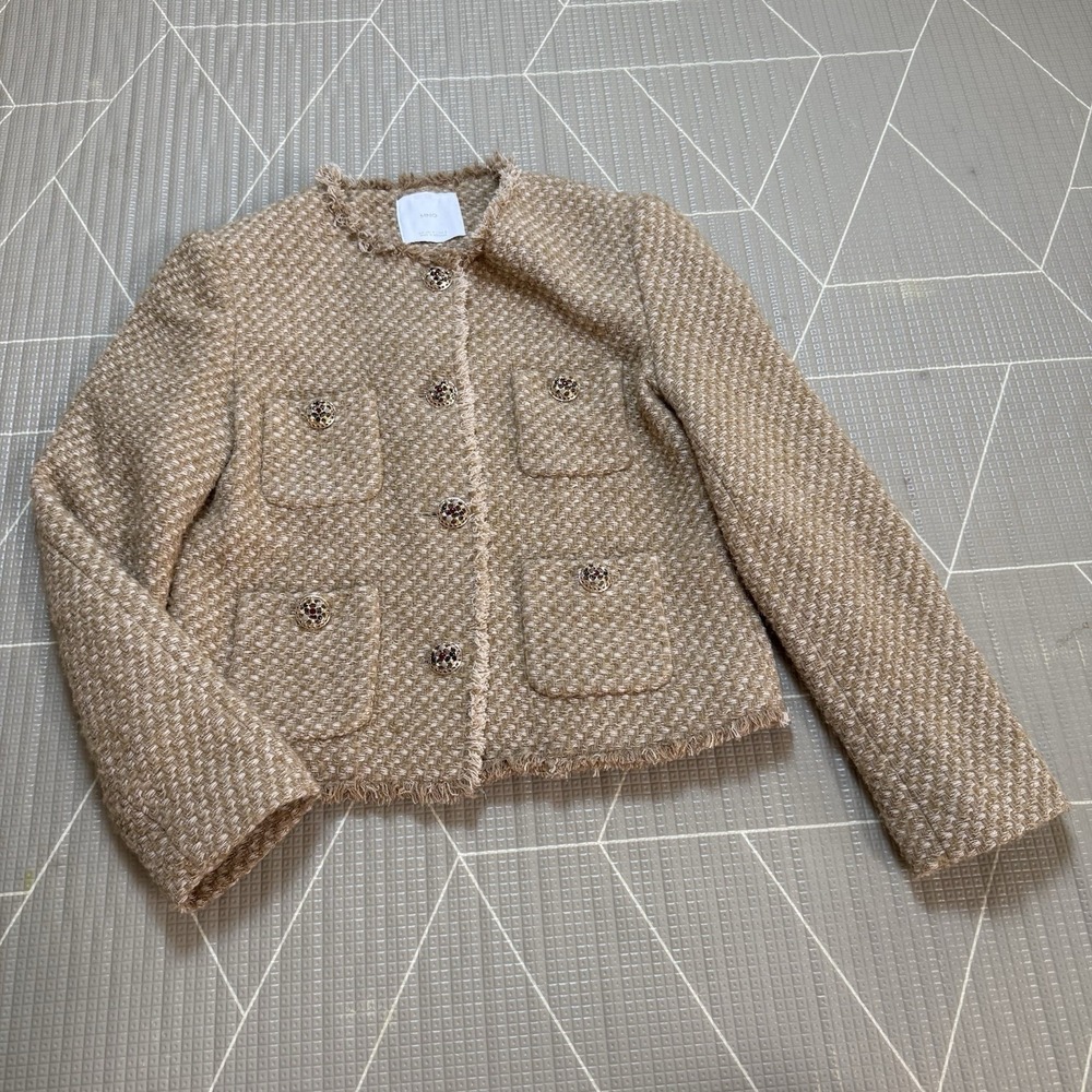 Mango Embellished Button Tweed Jacket M (6) Brown Cotton Wool Boucle Blazer